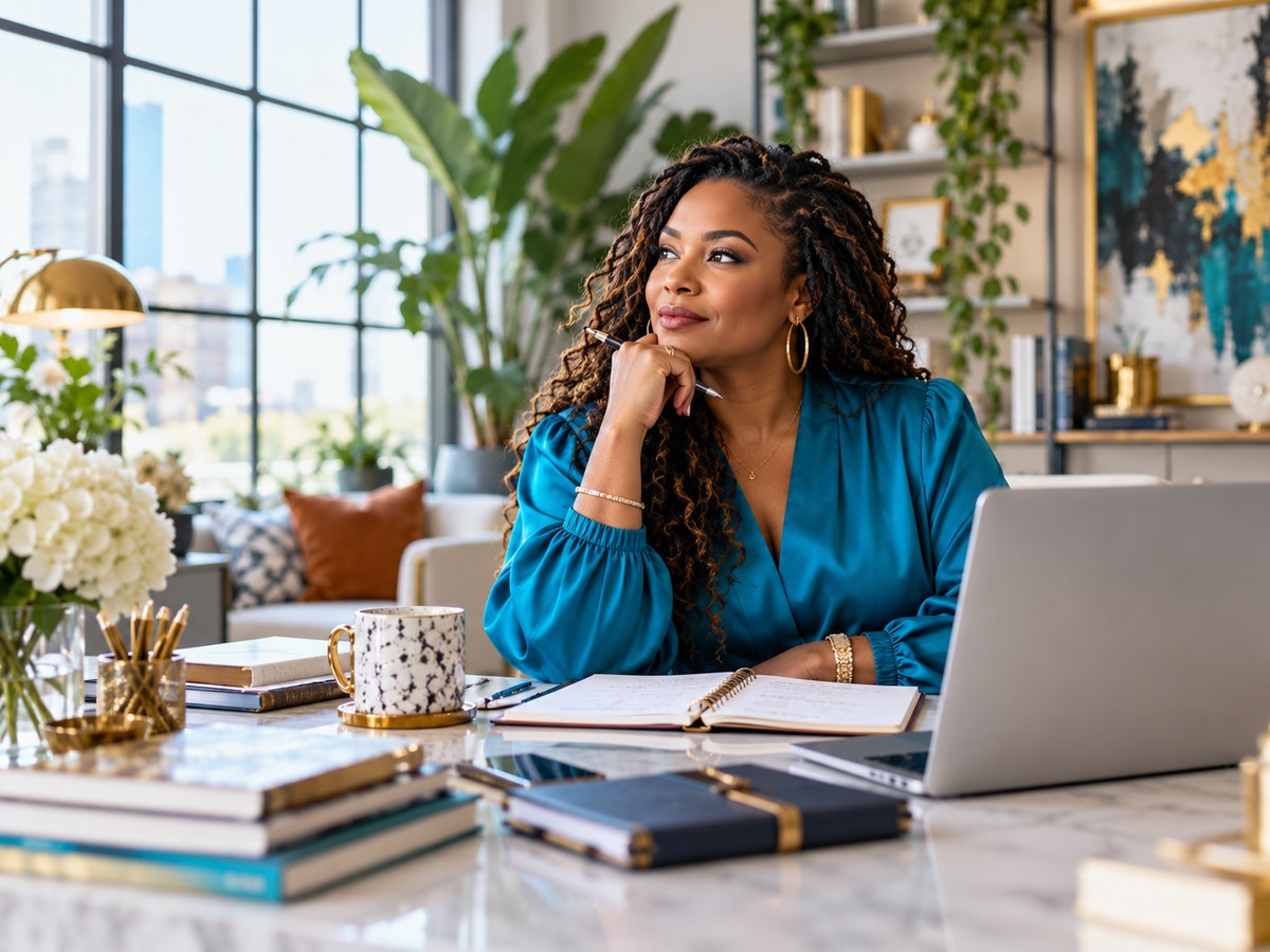 A Black woman with long curly locs seated at her desk with an open notebook, planner and laptop, pen in hand, thinking through her next step