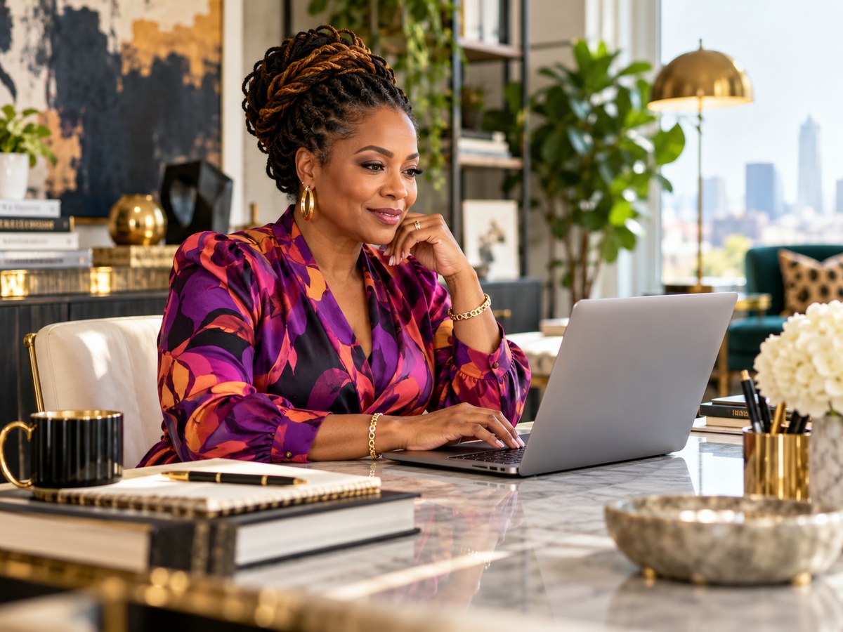 A confident Black woman in a patterned blouse smiling at her laptop at a marble desk in a bright office