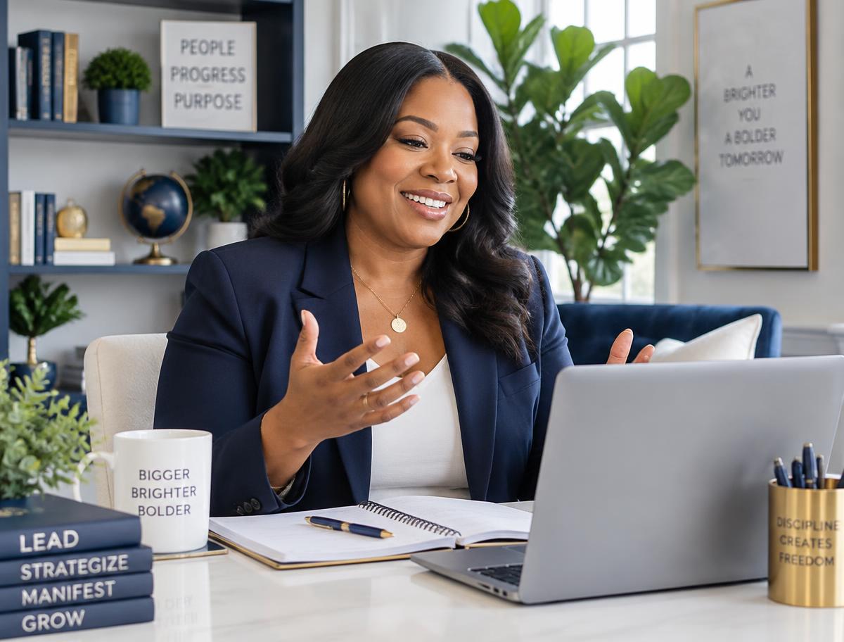 An African American business coach leading a video session from her home office.