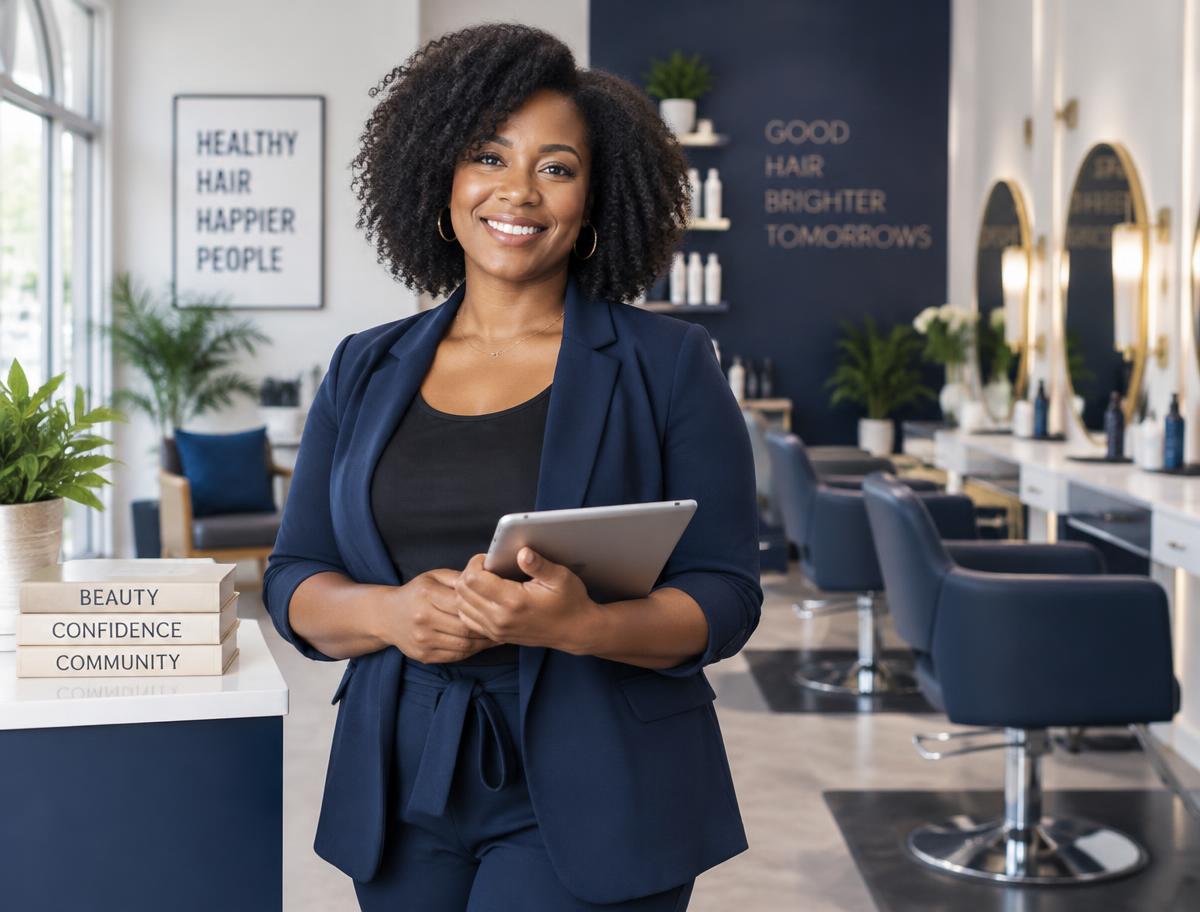 An African American salon owner smiling in her modern salon, holding a tablet.